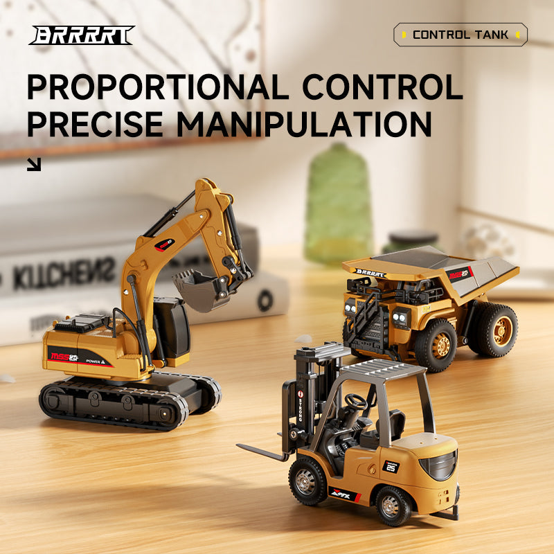 Three toy construction vehicles including a forklift, excavator, and dump truck on a white background with text about their size and features.
