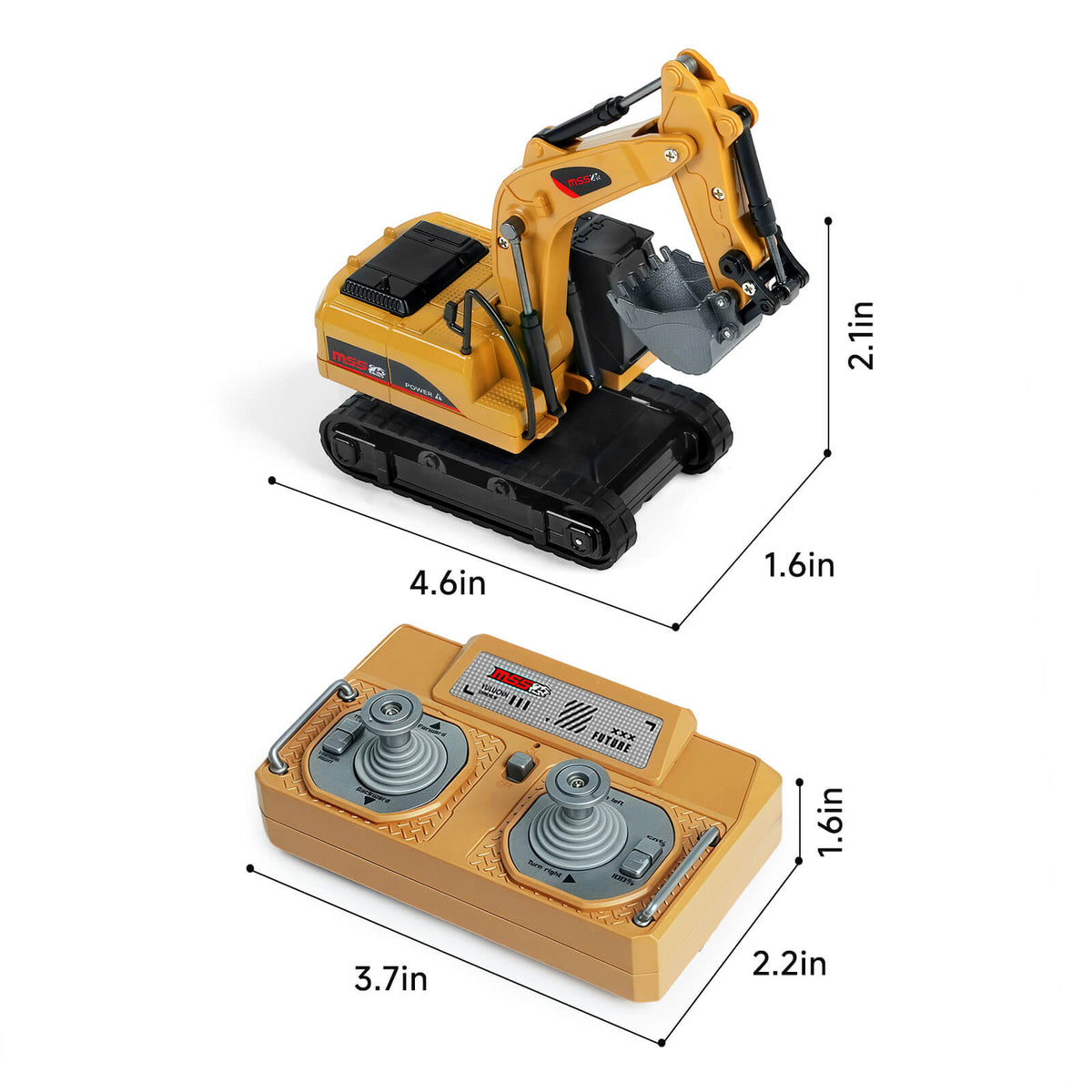 BO 1:64 Mini Excavator and remote control with product dimensions