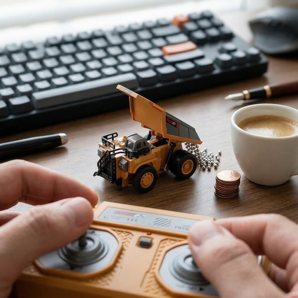 BO 1:64 Mini RC Dump Truck with LED headlights in action