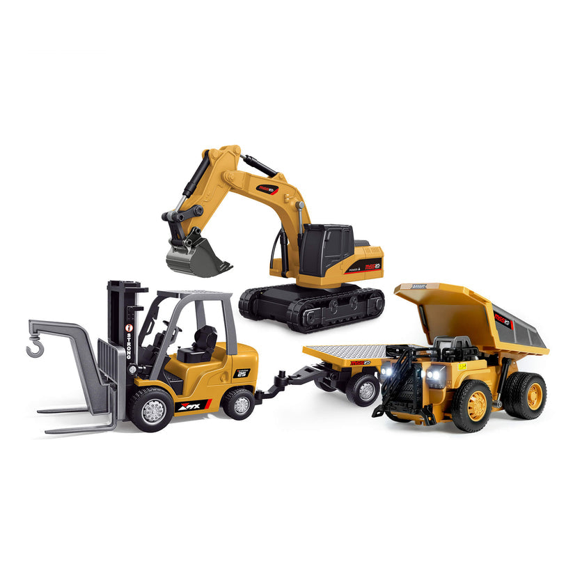 Three toy construction vehicles including a forklift, excavator, and dump truck on a white background with text about their size and features.