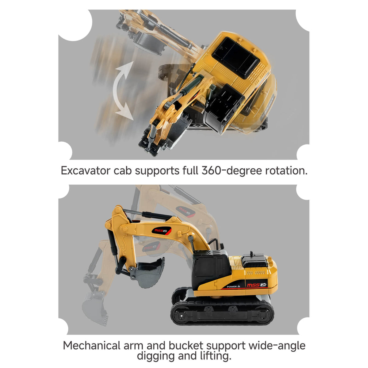 BO 1:64 RC Mini Excavator demonstrating 360-degree rotation, digging and lifting