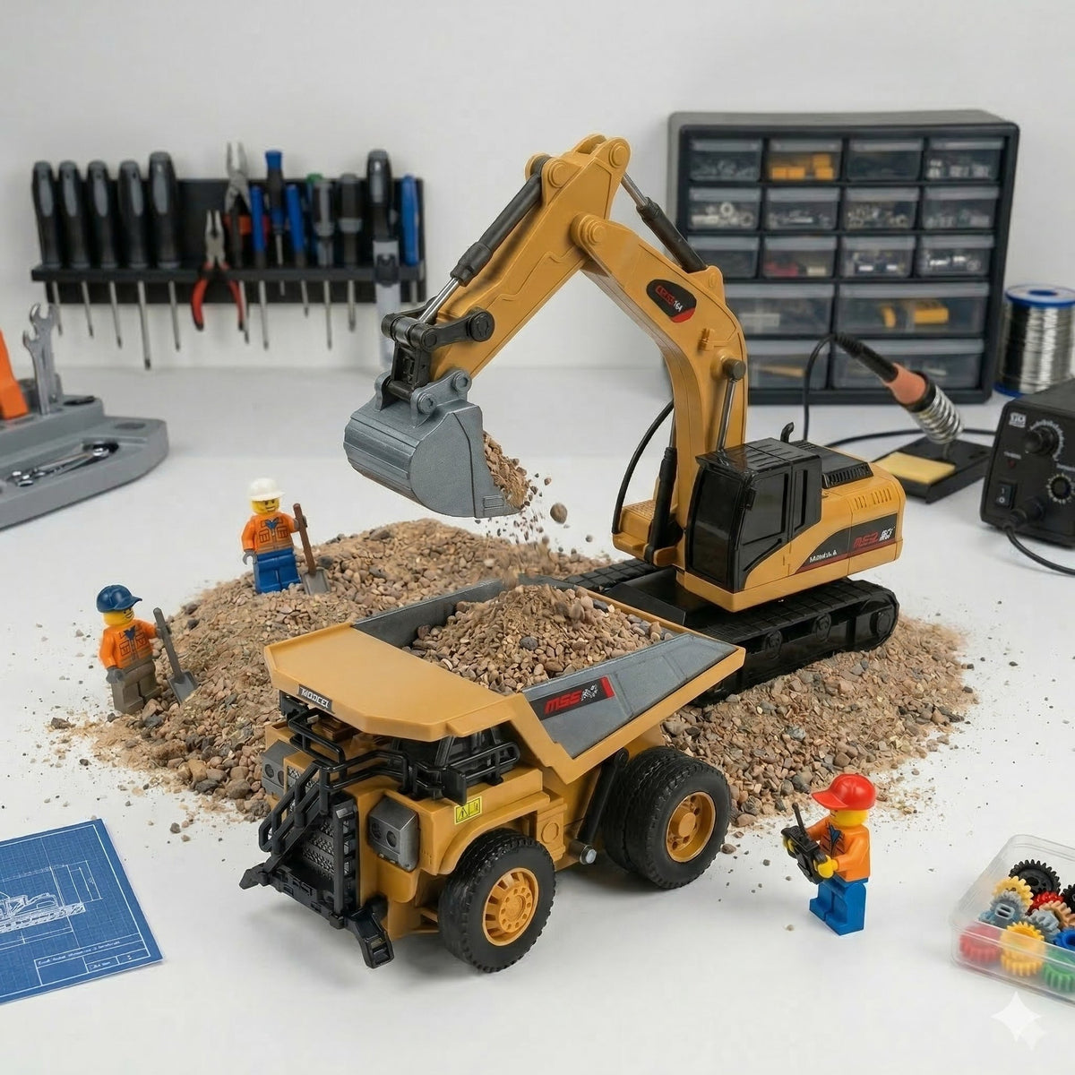 BO 1:64 RC Mini Excavator at a construction site with a dump truck