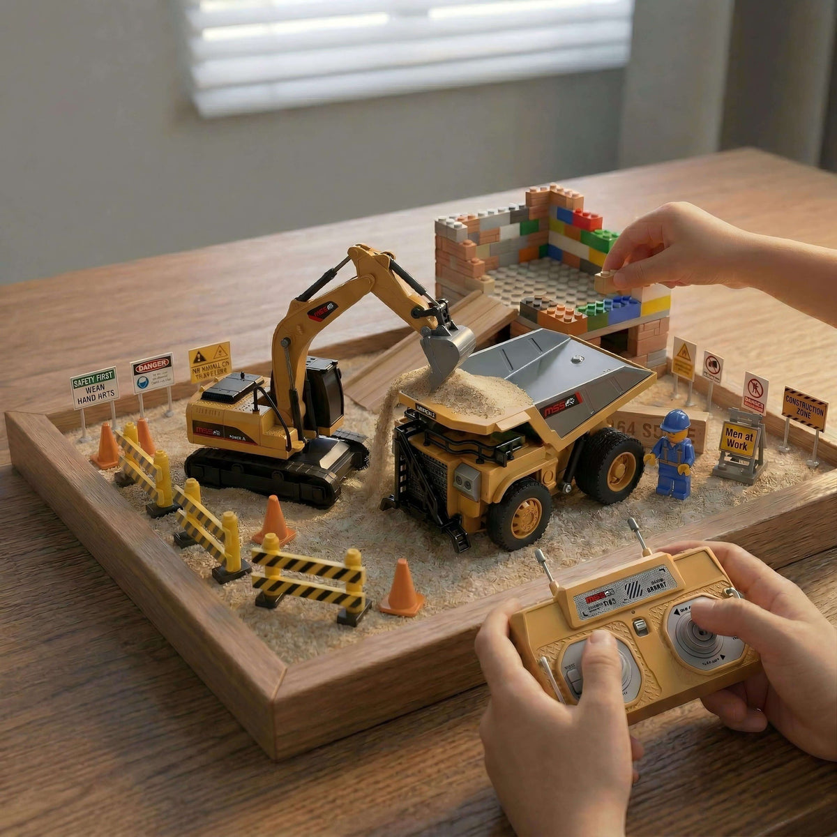 BO RC Mini Excavator and dump truck in a desktop construction play setup